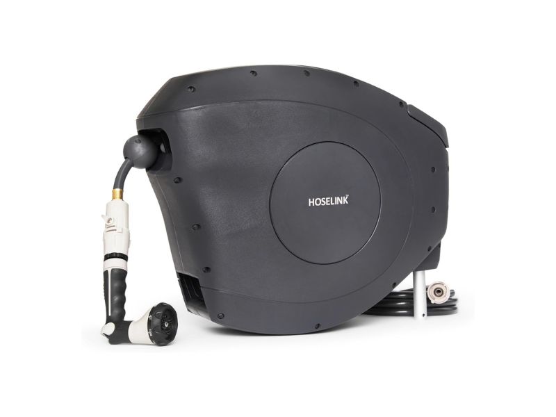 HOSELINK Classic Charcoal 82FT Hi-Flow Retractable Hose Reel- Best Premium Post-Mount Setup